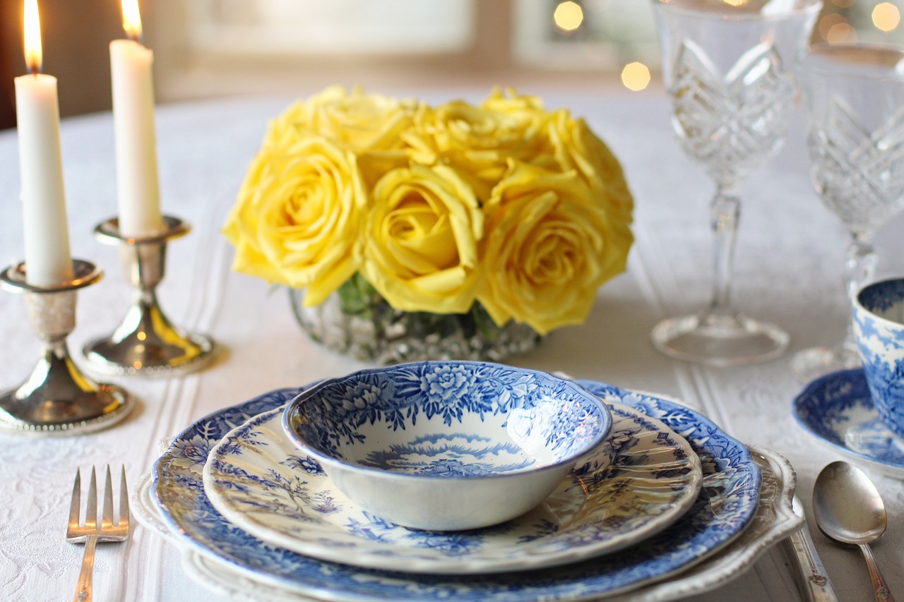place setting, dinner, table setting, blue transfer ware, blue dishes, yellow roses, vintage, happy mothers day, vintage china, vintage dishes, anniversary, setting, place, plate, table, silverware, dining, white, fork, restaurant, knife, banquet, formal, lunch, cutlery, elegant, meal, dine, utensil, napkin, glass, service, dish, food, silver, eat, flatware, party, reception, wedding, celebration, fine, porcelain, china, spoon, nature, tableware, easter, spring, summer, kitchen, dishware, traditional, lovely, feminine, beautiful, crystal, candles, eastercollection