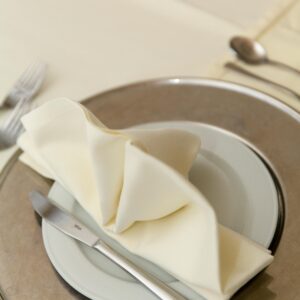 A close-up of a beautifully arranged formal dinner table setting with elegant cutlery and napkin art.